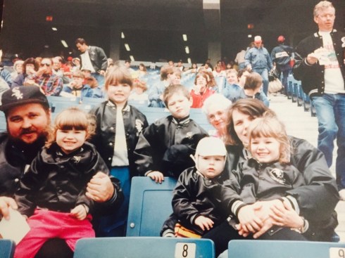 The 1st game at New Comiskey Park Left to right: my dad, Genevieve, Stephanie, Stanley, me, Grandma, mom, Becky (Zack would be born 3 months later)